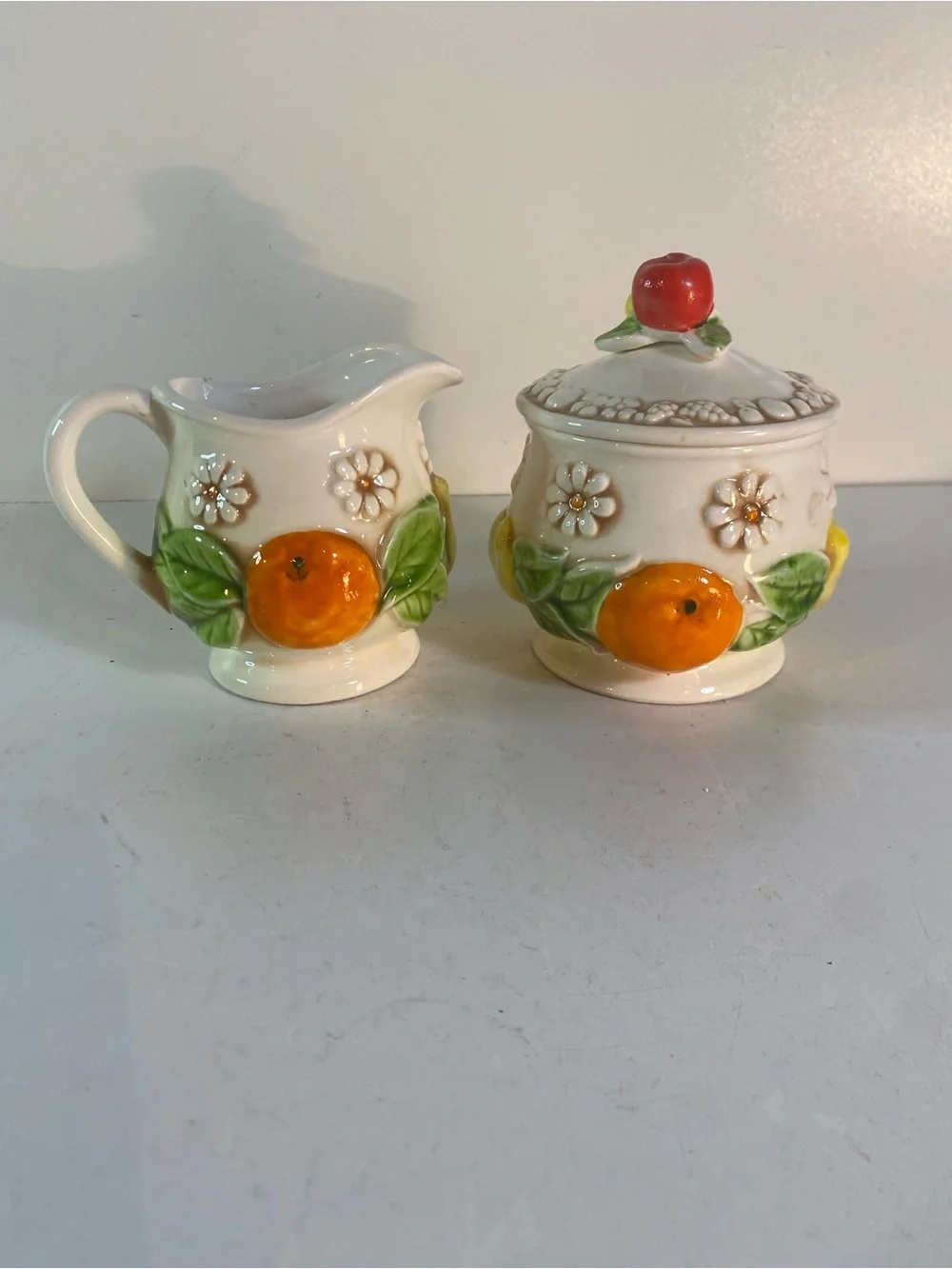 Vintage Fred Roberts Ceramic Fruit & Daisy Creamer Pitcher & Covered Sugar Bowl